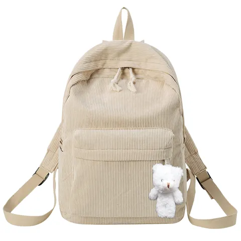 Women Corduroy Backpack Large Capacity Solid Color Urban Casual School Bag For Students Girls With Bear Pendant