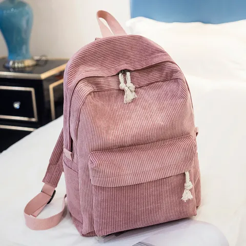Mochila de Pana para Mujer Estilo Preppy Color Sólido Mochila Escolar Estudiante para Secundaria Viaje Casual con Tirador de Cuerda