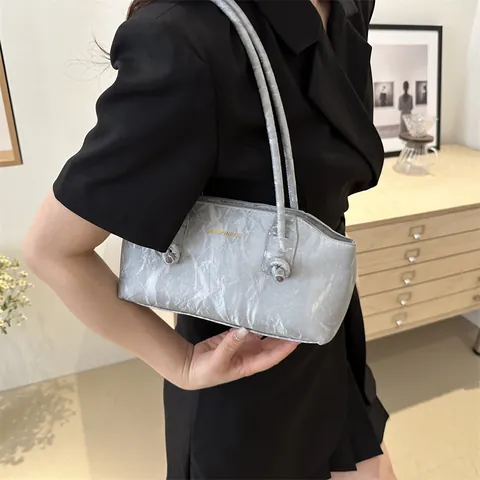 Damen Trendy Knitteroptik PU Leder Unterarmtasche Minimalistische Umhängetasche Mit Knoten Detail Reißverschluss Tasche