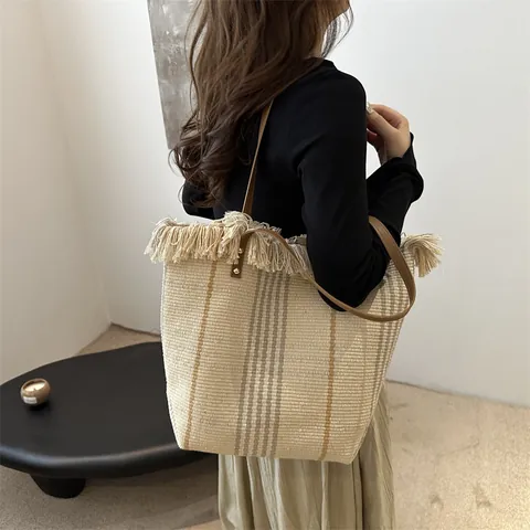 Damen Gewebte Gestreifte Tragetasche Mit Quaste Große Kapazität Bohemian Stil Schultertasche Für Den Täglichen Urlaub Büro Strand