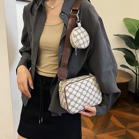 Borsa a Tracolla da Donna Vintage con Stampa Geometrica Piccola Borsa Fotografica in Pelle PU con Tracolla Larga e Borsellino