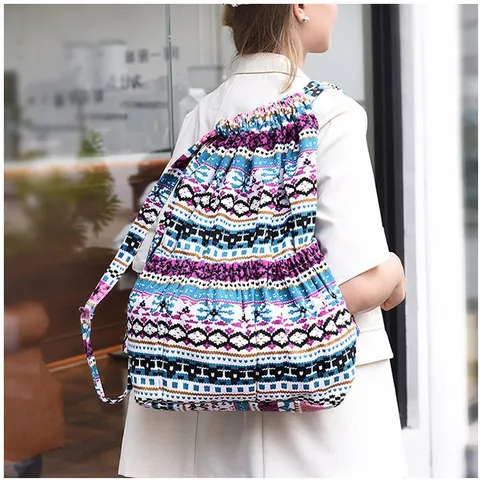 Mochila de Mujer Étnica Bohemia a Rayas Con Cordón Gran Capacidad Poliéster Lona Bolsa de Cubo de Viaje Casual Con Bolsillos