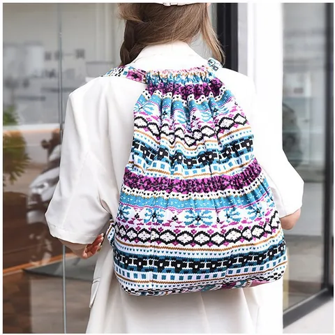Mochila de Mujer Étnica Bohemia a Rayas Con Cordón Gran Capacidad Poliéster Lona Bolsa de Cubo de Viaje Casual Con Bolsillos