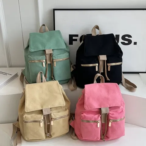 Mochila de Lona con Cordón para Mujer Vintage Multibolsillos Bolsa de Escuela de Viaje Mochila de Cubo con Solapa
