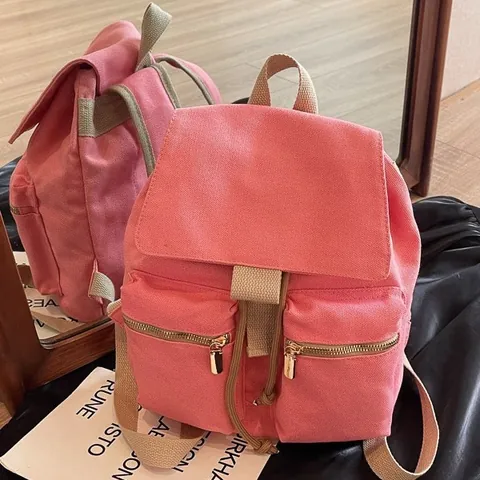 Mochila de Lona con Cordón para Mujer Vintage Multibolsillos Bolsa de Escuela de Viaje Mochila de Cubo con Solapa