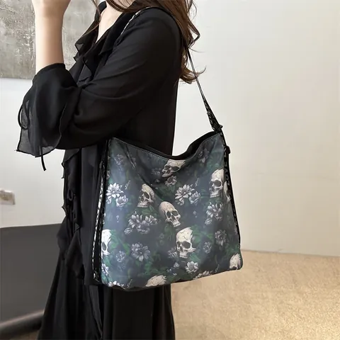 Gothic Skull Floral Print Crossbody Bag Large Capacity Nylon Shoulder Tote Wide Love Letter Strap Women
