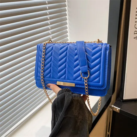 Women Fashion PU Leather Small Square Bag With V-Shaped Quilting Gold Chain Strap Crossbody Shoulder Bag For Daily Commuting