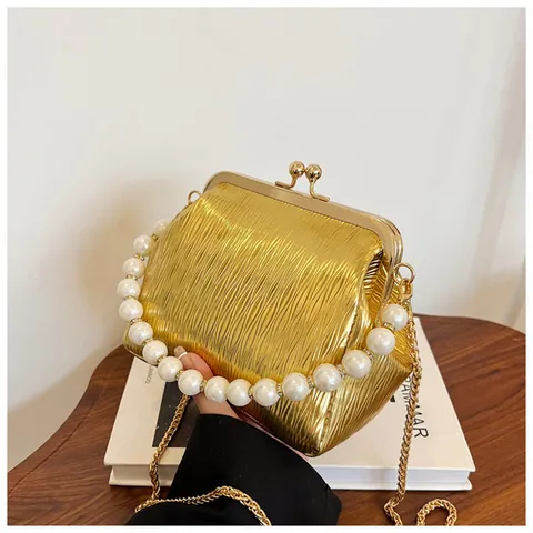 Women Pleated Metallic Shell Bag Artificial Pearl Handle Gold Chain Evening Crossbody Shoulder Handbag Elegant Retro Messenger Bag