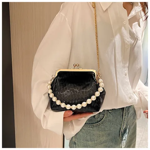Women Pleated Metallic Shell Bag Artificial Pearl Handle Gold Chain Evening Crossbody Shoulder Handbag Elegant Retro Messenger Bag