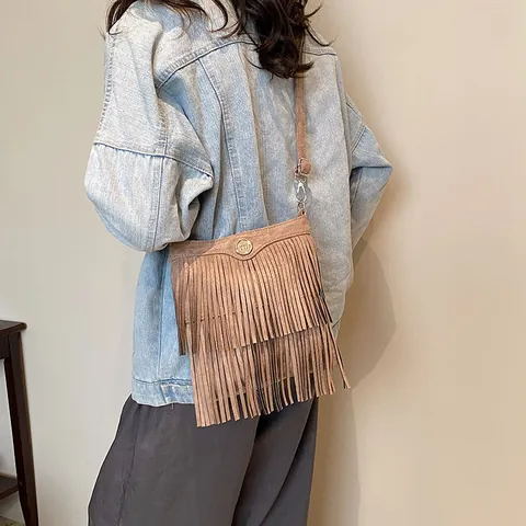 Damen Vintage Boho Wildlederimitat Quaste Umhängetasche Verstellbarer Gurt Fransen Schultertasche Für Den Täglichen Gebrauch