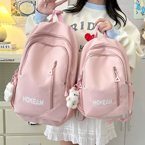 Large Capacity Nylon School Backpack For High School Students HOKEAM Letter Print Laptop Bag With Plush Bear Charm For Men Women