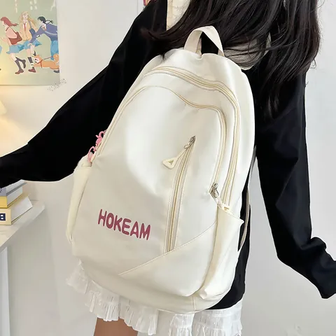 Large Capacity Nylon School Backpack For High School Students HOKEAM Letter Print Laptop Bag With Plush Bear Charm For Men Women