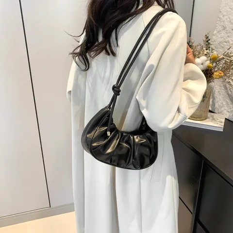Women Ruched Shoulder Bag PU Leather Metallic Pleated Underarm Bag Fashion Dumpling Purse Versatile Solid Color Handbag