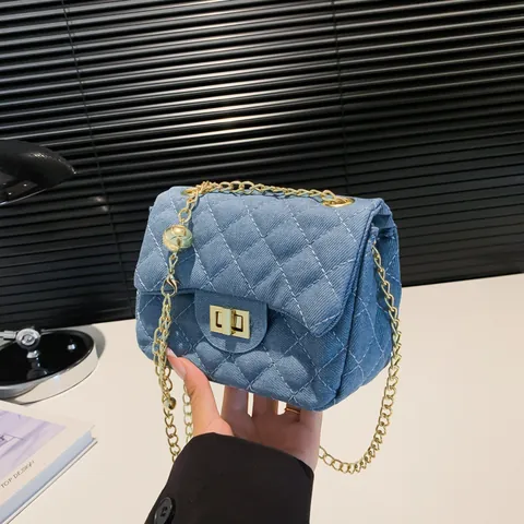 Borsa a Tracolla in Denim Trapuntato da Donna Motivo a Rombi Decorazione Sfera di Metallo Oro Piccola Borsa a Spalla Quadrata in Denim