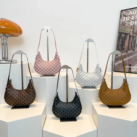 Women Vintage Hobo Underarm Bag PU Synthetic Leather Monogram Letter Pattern Fashion Simple Shoulder Bag Handbag Lady Commute