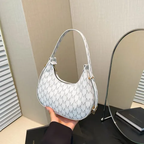 Women Vintage Hobo Underarm Bag PU Synthetic Leather Monogram Letter Pattern Fashion Simple Shoulder Bag Handbag Lady Commute