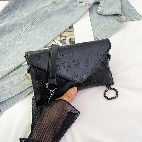 Borsa Da Sera A Busta Con Rilievo Teschio Donna Pelle PU Catena In Metallo Punk Gothic Tracolla
