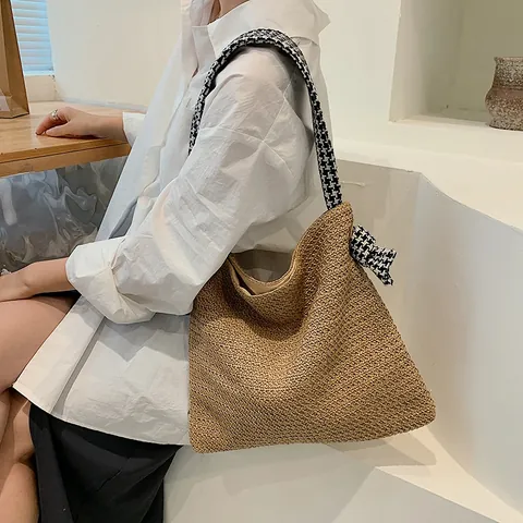 Women Casual Straw Woven Tote Bag With Houndstooth Pattern Fabric Bow Shoulder Strap Beach Vacation Large Capacity Handbag
