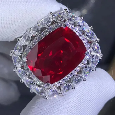 Luxury 925 Sterling Silver Ring With Large Cushion Cut Synthetic Ruby Double Halo Zirconia Engagement Wedding Ring For Women