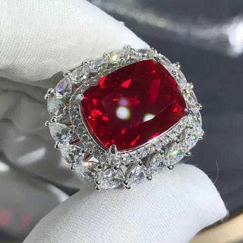 Luxury 925 Sterling Silver Ring With Large Cushion Cut Synthetic Ruby Double Halo Zirconia Engagement Wedding Ring For Women