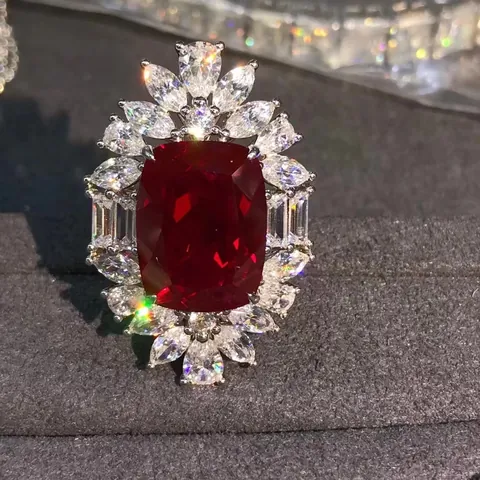 Luxury 925 Sterling Silver Ring Synthetic Ruby Cushion Cut Red Gemstone Flower Cluster Ring Zirconia For Women Jewelry