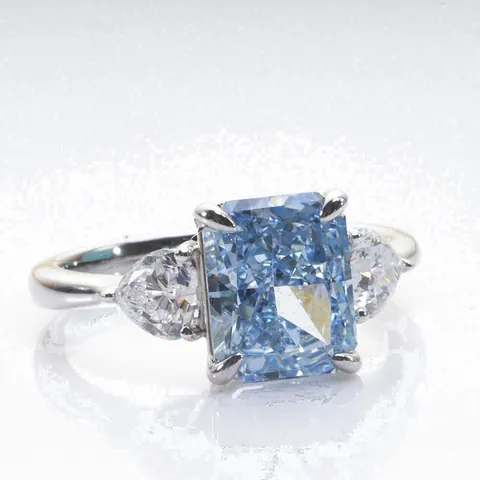 Radiant Cut Blue High Carbon Diamond Ring 925 Sterling Silver Luxury 3-Stone Design Engagement Ring For Women