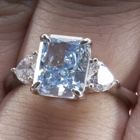 Radiant Cut Blue High Carbon Diamond Ring 925 Sterling Silver Luxury 3-Stone Design Engagement Ring For Women