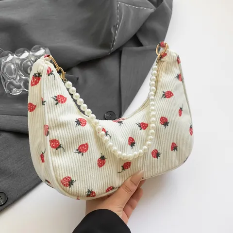 Women Corduroy Strawberry Print Crescent Underarm Bag With Faux Artificial Pearl Handle Or Metal Chain Fresh Hobo Shoulder Bag
