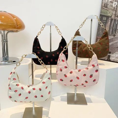Women Corduroy Strawberry Print Crescent Underarm Bag With Faux Artificial Pearl Handle Or Metal Chain Fresh Hobo Shoulder Bag