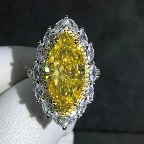 Luxury 10ct Marquise Cut Yellow High Carbon Diamond Ring Double Halo VVS 3EX Cut Silver Ring Jewelry For Women Wedding