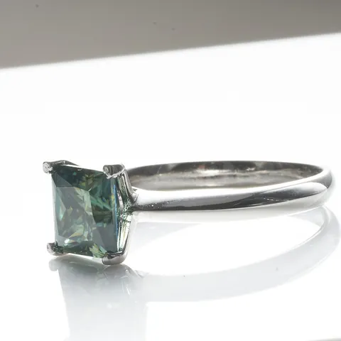 925 Sterling Silver Princess Cut Blue Green Moissanite Ring For Women Four Prong Solitaire Wedding Engagement Jewelry Ring