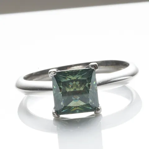 925 Sterling Silver Princess Cut Blue Green Moissanite Ring For Women Four Prong Solitaire Wedding Engagement Jewelry Ring