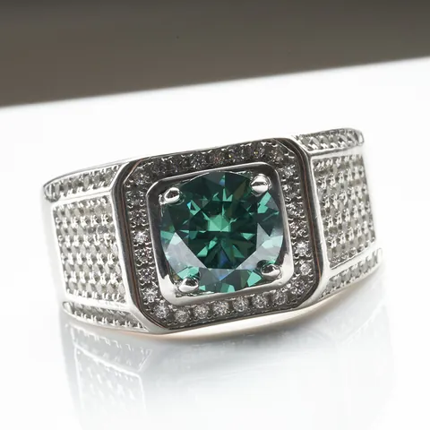 Bague Luxueuse en Moissanite Vert Émeraude pour Hommes Argent Sterling 925 Plaqué Ciel Étoilé Pierre Précieuse Ronde Mariage Bijoux