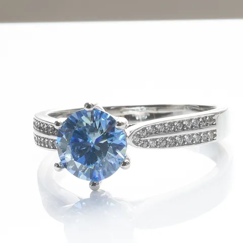 Royal Blue Moissanite Ring 925 Sterling Silver Six-Prong Engagement Wedding Ring For Women Round Brilliant Cut Gemstone