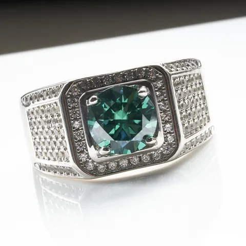 Bague Luxueuse en Moissanite Vert Émeraude pour Hommes Argent Sterling 925 Plaqué Ciel Étoilé Pierre Précieuse Ronde Mariage Bijoux