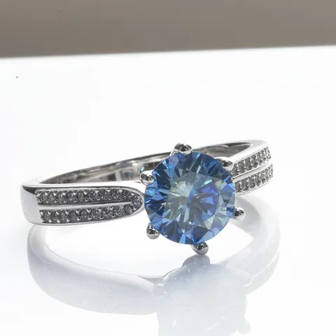 Royal Blue Moissanite Ring 925 Sterling Silver Six-Prong Engagement Wedding Ring For Women Round Brilliant Cut Gemstone