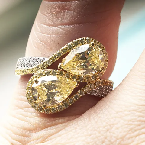 Luxury 925 Sterling Silver Toi Et Moi Ring Pear Cut Zirconia Platinum Plated Halo Bypass Ring For Women Jewelry