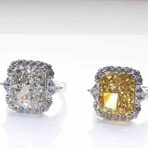 Luxury Radiant Cut High Carbon Diamond Ring 925 Sterling Silver Halo Trillion Side Stones Wedding Jewelry For Women
