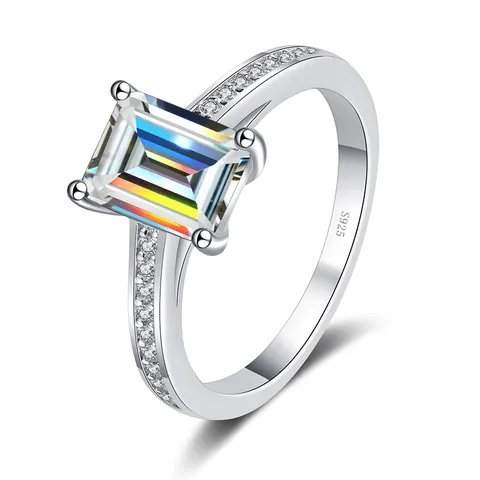 Anillo de Plata de Ley 925 con Moissanita Corte Radiante Esmeralda para Mujer Piedra Rosa Azul Verde Blanco Joyería de Boda