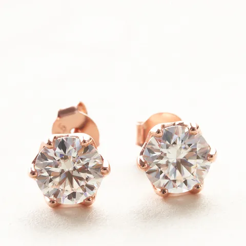 Elegant Rose Gold Moissanite Stud Earrings With 925 Sterling Silver Earring Post Round Cut Six Prong Minimalist Women Jewelry Gift