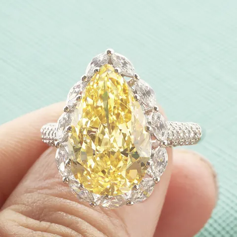 Luxury 925 Sterling Silver Pear Cut Yellow Zirconia Ring Women Water Drop Simulated Diamond Wedding Party Jewelry Gift