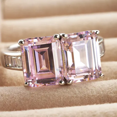 925 Sterling Silver Emerald Cut Pink High Carbon Diamond Ring Double Stone Design Luxurious Fashion Wedding Party Jewelry For Women