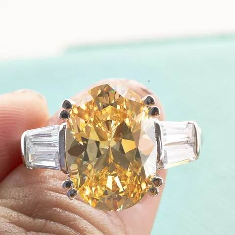 Luxury Oval Yellow Zirconia Ring For Women 925 Sterling Silver Jewelry Inlaid With Baguette Side Stones High Carbon Diamond Style Anniversary Wedding Engagement Finger Ring