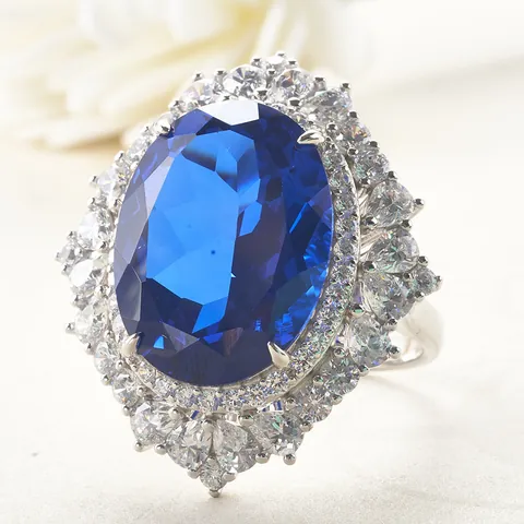 925 Sterling Silver Platinum Plated Large Oval Royal Blue Synthetic Sapphire Ring Luxury Cocktail Ring For Women Jewelry
