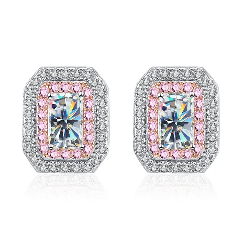925 Sterling Silver Μωασσανίτης Σκουλαρίκια Καρφωτά για Γυναίκες Κοπή Σμαραγδιού Ροζ Μπλε Πράσινο Πολύτιμος Λίθος Διπλό Halo Κοσμήματα Γάμου