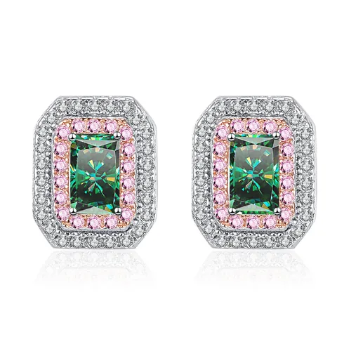 925 Sterling Silver Μωασσανίτης Σκουλαρίκια Καρφωτά για Γυναίκες Κοπή Σμαραγδιού Ροζ Μπλε Πράσινο Πολύτιμος Λίθος Διπλό Halo Κοσμήματα Γάμου