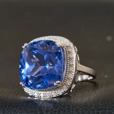 Elegante Anillo De Oro De 18K Con Zafiro Cultivado Para Mujer Corte Cojín Anillo De Piedra Preciosa Azul Con Diamantes Cultivados Para Joyería De Boda