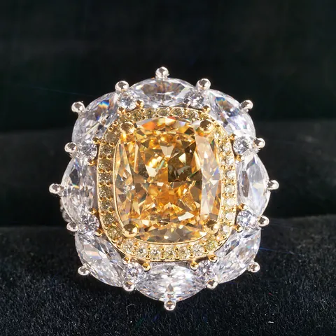 Luxury 8 Carat Cushion Cut Yellow High Carbon Diamond Halo Ring 925 Sterling Silver Floral Wedding Banquet Ring For Women