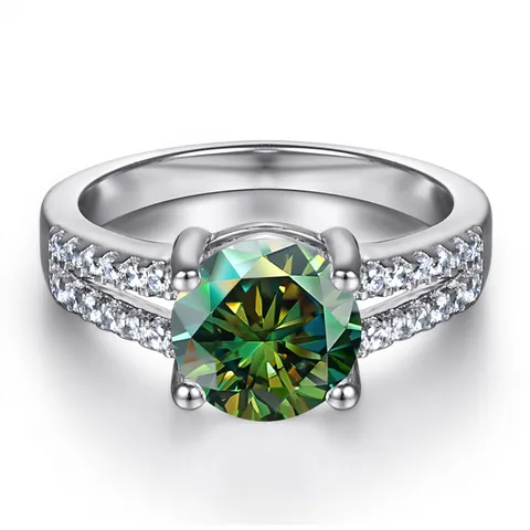 Bague en Argent Sterling 925 Moissanite 1 Carat Taille Ronde Tête de Bœuf Quatre Griffes Double Rangée de Pierres Latérales
