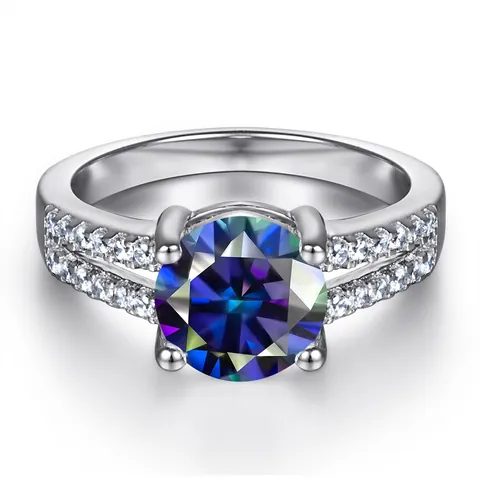 Bague en Argent Sterling 925 Moissanite 1 Carat Taille Ronde Tête de Bœuf Quatre Griffes Double Rangée de Pierres Latérales